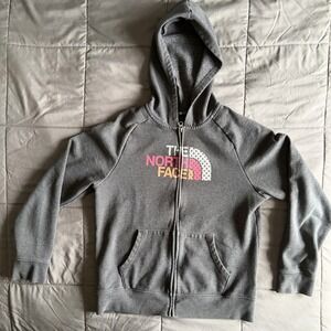 The North Face Girls XL Gray Zip Up Hoodie Lightweight Long Sleeve Rainbow Boho